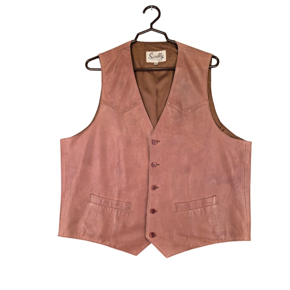 Scully Mens Leather Western Vest Tan Cognac Button Front Cowboy Boho Size 46